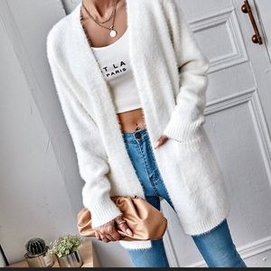 White fuzzy cardigan